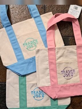Set of 3- Trader Joe's Mini Tote Set- Pink, Blue, & Green
